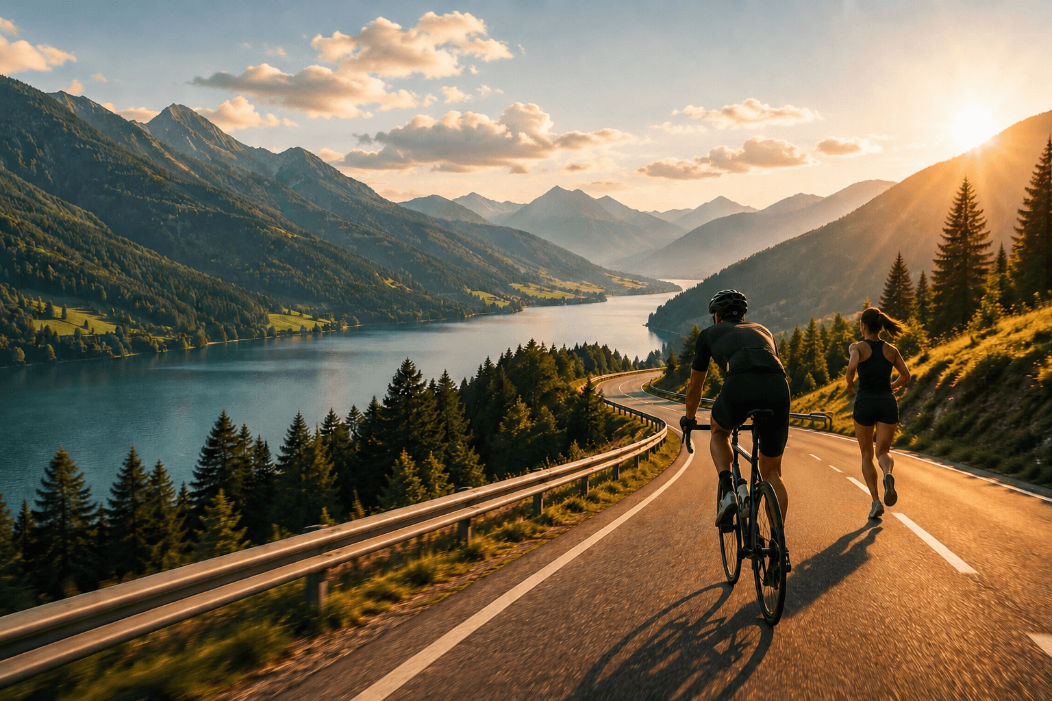 Rennradfahrer auf einer Bergstraße bei Sonnenuntergang